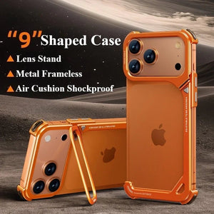 9 - Shaped Metal Frameless Shockproof Phone Case with Stand Magsafe Minimalist Bumper for iPhone 17 Series