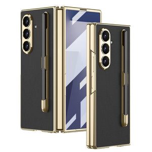 Business - style Electroplated Leather Phone Case With Pen Slot & Stylus For Galaxy Z Fold 7/6/5/4