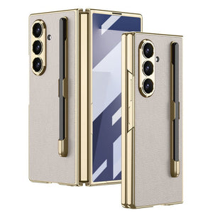 Business - style Electroplated Leather Phone Case With Pen Slot & Stylus For Galaxy Z Fold 7/6/5/4