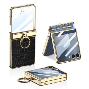 Electroplated Leather Magnetic Hinge Ring Holder Case For Galaxy Z Flip 7/6/5/4 With Front Protection Film
