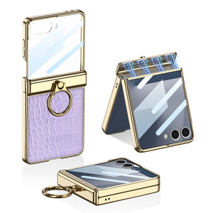 Electroplated Leather Magnetic Hinge Ring Holder Case For Galaxy Z Flip 7/6/5/4 With Front Protection Film