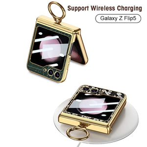 Electroplated Leather Magnetic Hinge Ring Holder Case For Galaxy Z Flip 7/6/5/4 With Front Protection Film