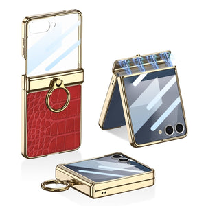 Electroplated Leather Magnetic Hinge Ring Holder Case For Galaxy Z Flip 7/6/5/4 With Front Protection Film