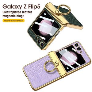 Electroplated Leather Magnetic Hinge Ring Holder Case For Galaxy Z Flip 7/6/5/4 With Front Protection Film