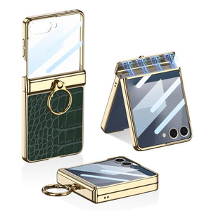 Electroplated Leather Magnetic Hinge Ring Holder Case For Galaxy Z Flip 7/6/5/4 With Front Protection Film