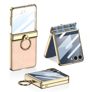 Electroplated Leather Magnetic Hinge Ring Holder Case For Galaxy Z Flip 7/6/5/4 With Front Protection Film