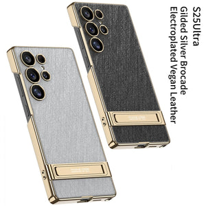 Electroplated Leather Shockproof Phone Case With Bracket For Galaxy S25 S24 S23 Ultra