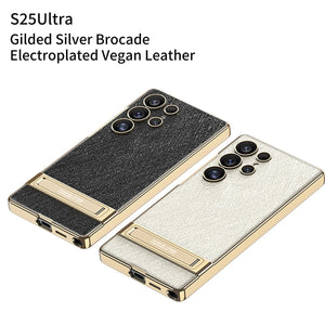 Electroplated Leather Shockproof Phone Case With Bracket For Galaxy S25 S24 S23 Ultra