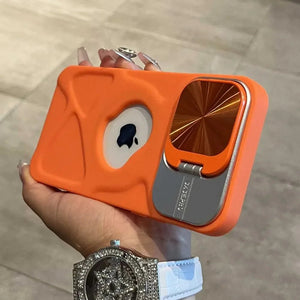 Fashion Logo Hole Magnetic Lens Protection Flip Bracket Case for iPhone 16 15 14 13 Series