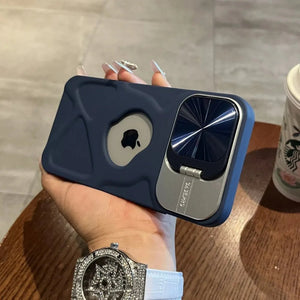 Fashion Logo Hole Magnetic Lens Protection Flip Bracket Case for iPhone 16 15 14 13 Series