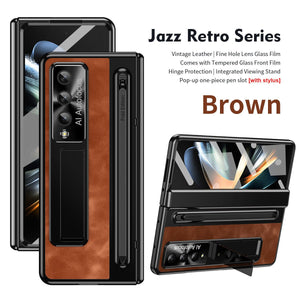 Jazz Retro Style Anyi - fall Protective Leather Phone Case For Galaxy Fold 7/6/5/4 With Front Protection Film And Stylus