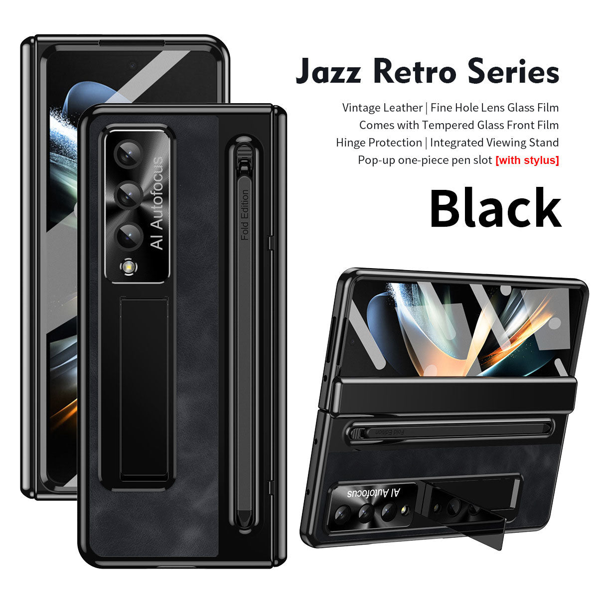 Jazz Retro Style Anyi - fall Protective Leather Phone Case For Galaxy Fold 7/6/5/4 With Front Protection Film And Stylus