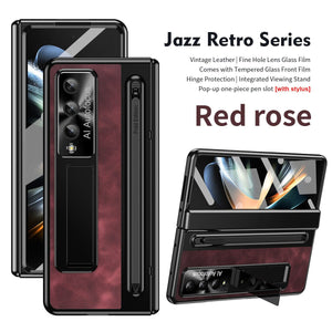 Jazz Retro Style Anyi - fall Protective Leather Phone Case For Galaxy Fold 7/6/5/4 With Front Protection Film And Stylus