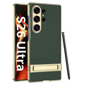 Leather Electroplated Protective Phone Case With Invisible Holder For Galaxy S26 S25 S24 S23 Ultra Plus
