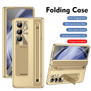 Leather Golden Electroplated Phone Case With Back Screen Glass and Stylus For Galaxy Z Fold 7/6/5/4
