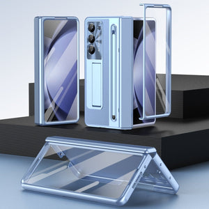 Leather Golden Electroplated Phone Case With Back Screen Glass and Stylus For Galaxy Z Fold 7/6/5/4