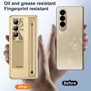 Leather Golden Electroplated Phone Case With Back Screen Glass and Stylus For Galaxy Z Fold 7/6/5/4