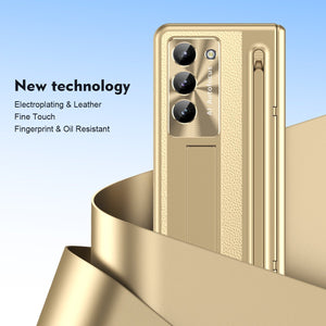 Leather Golden Electroplated Phone Case With Back Screen Glass and Stylus For Galaxy Z Fold 7/6/5/4
