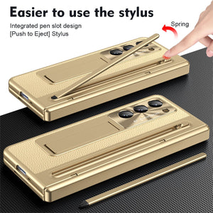 Leather Golden Electroplated Phone Case With Back Screen Glass and Stylus For Galaxy Z Fold 7/6/5/4