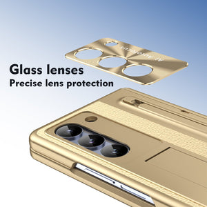 Leather Golden Electroplated Phone Case With Back Screen Glass and Stylus For Galaxy Z Fold 7/6/5/4