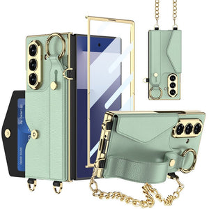 Luxurious Leather Phone Cover With Metal Chain & Wristband For Galaxy Z Fold 7/6