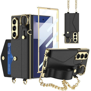 Luxurious Leather Phone Cover With Metal Chain & Wristband For Galaxy Z Fold 7/6