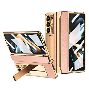 Luxury Leather Magnetic Bracket Shell Electroplated Phone Case For Galaxy Z Fold3/4/5/6/7 With Back Screen Glass