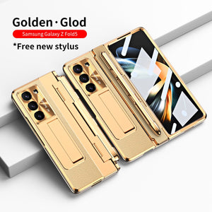 Luxury Leather Magnetic Bracket Shell Electroplated Phone Case For Galaxy Z Fold3/4/5/6/7 With Back Screen Glass