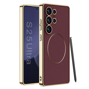 Shockproof Leather Golden Phone Case Support Wireless Charge For Galaxy S25 S24 S23 Ultra
