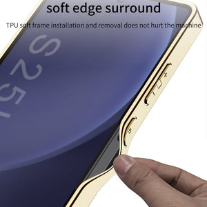Shockproof Leather Golden Phone Case Support Wireless Charge For Galaxy S25 S24 S23 Ultra