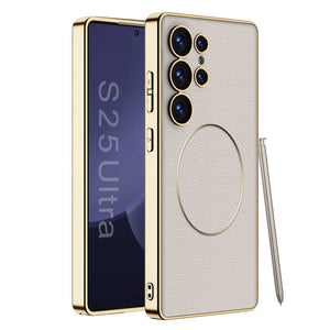 Shockproof Leather Golden Phone Case Support Wireless Charge For Galaxy S25 S24 S23 Ultra