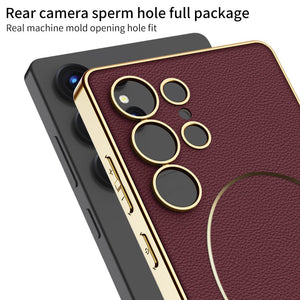 Shockproof Leather Golden Phone Case Support Wireless Charge For Galaxy S25 S24 S23 Ultra