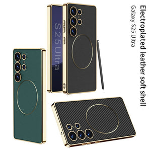 Shockproof Leather Golden Phone Case Support Wireless Charge For Galaxy S25 S24 S23 Ultra