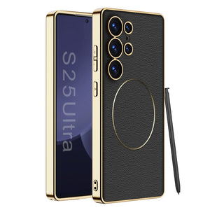 Shockproof Leather Golden Phone Case Support Wireless Charge For Galaxy S25 S24 S23 Ultra