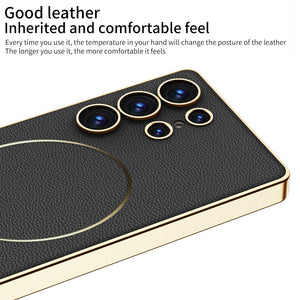 Shockproof Leather Golden Phone Case Support Wireless Charge For Galaxy S25 S24 S23 Ultra