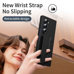 Shockproof Phone Case With Wristband Bracket Back For Galaxy Z Fold 7/6/5/4 With Screen Glass Protector