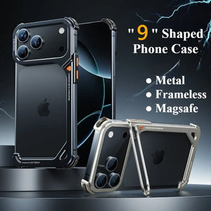 9 - Shaped Metal Frameless Shockproof Phone Case with Stand Magsafe Minimalist Bumper for iPhone 17 Series