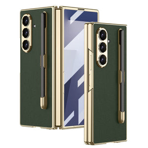 Business - style Electroplated Leather Phone Case With Pen Slot & Stylus For Galaxy Z Fold 7/6/5/4