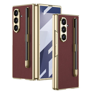 Business - style Electroplated Leather Phone Case With Pen Slot & Stylus For Galaxy Z Fold 7/6/5/4