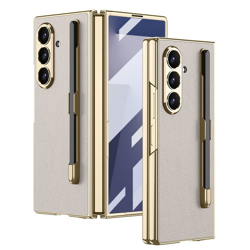 Business - style Electroplated Leather Phone Case With Pen Slot & Stylus For Galaxy Z Fold 7/6/5/4