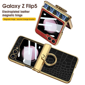 Electroplated Leather Magnetic Hinge Ring Holder Case For Galaxy Z Flip 7/6/5/4 With Front Protection Film