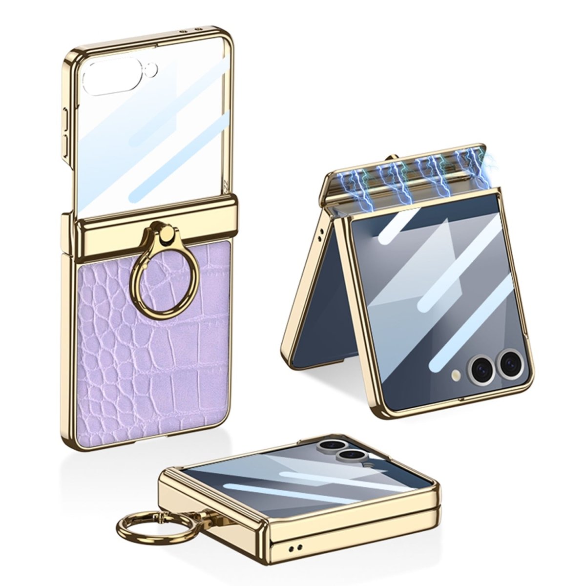 Electroplated Leather Magnetic Hinge Ring Holder Case For Galaxy Z Flip 7/6/5/4 With Front Protection Film