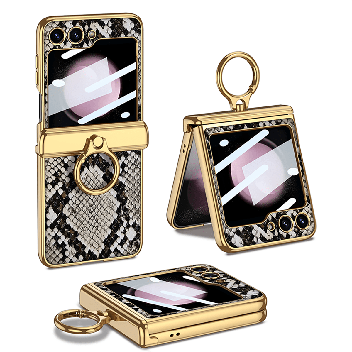 Electroplated Leather Magnetic Hinge Ring Holder Case For Galaxy Z Flip 7/6/5/4 With Front Protection Film