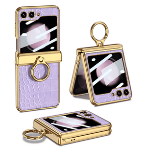 Electroplated Leather Magnetic Hinge Ring Holder Case For Galaxy Z Flip 7/6/5/4 With Front Protection Film