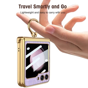 Electroplated Leather Magnetic Hinge Ring Holder Case For Galaxy Z Flip 7/6/5/4 With Front Protection Film