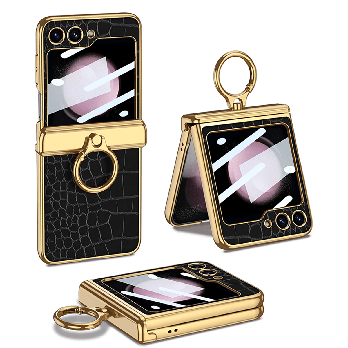 Electroplated Leather Magnetic Hinge Ring Holder Case For Galaxy Z Flip 7/6/5/4 With Front Protection Film