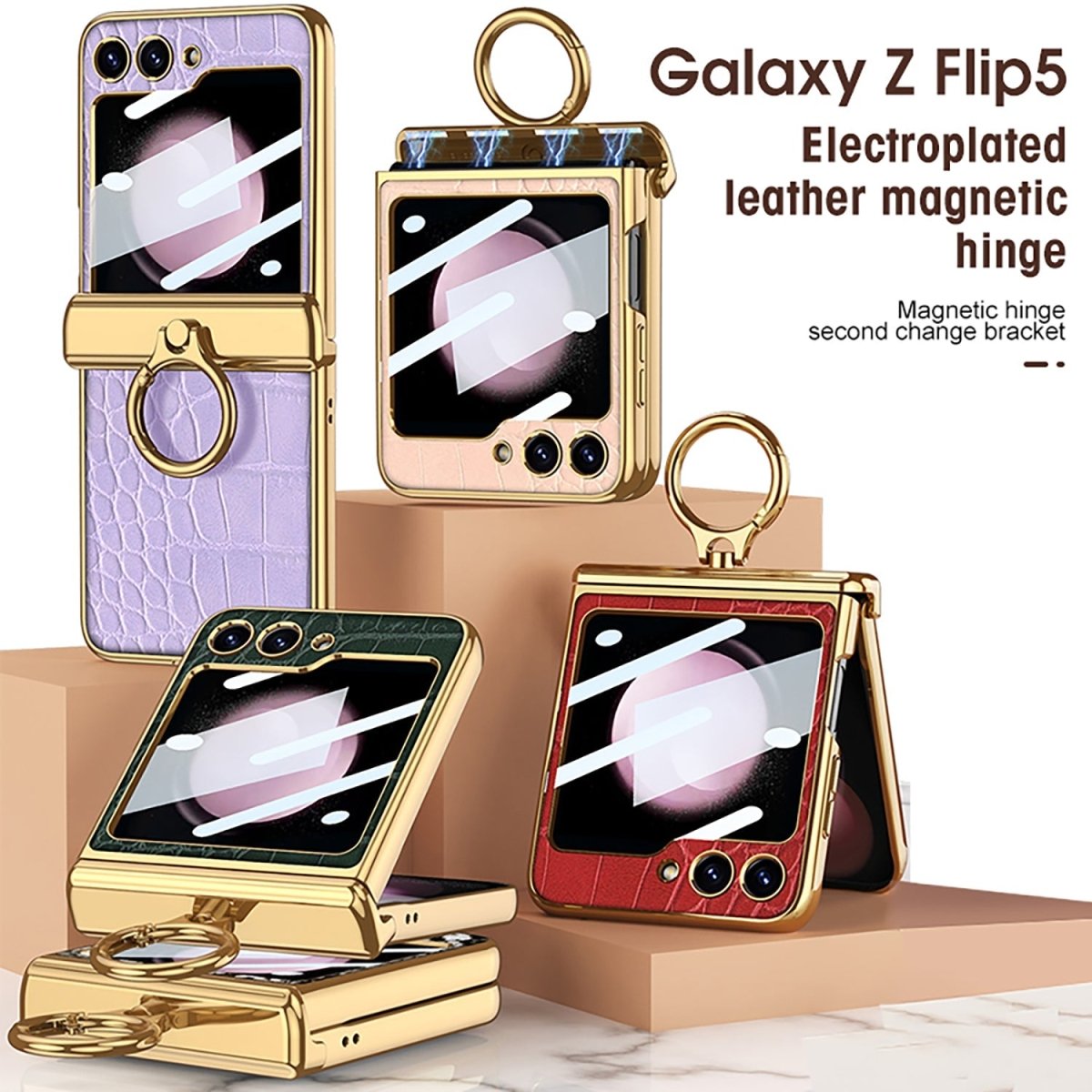 Electroplated Leather Magnetic Hinge Ring Holder Case For Galaxy Z Flip 7/6/5/4 With Front Protection Film
