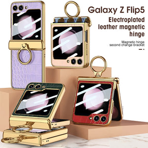 Electroplated Leather Magnetic Hinge Ring Holder Case For Galaxy Z Flip 7/6/5/4 With Front Protection Film