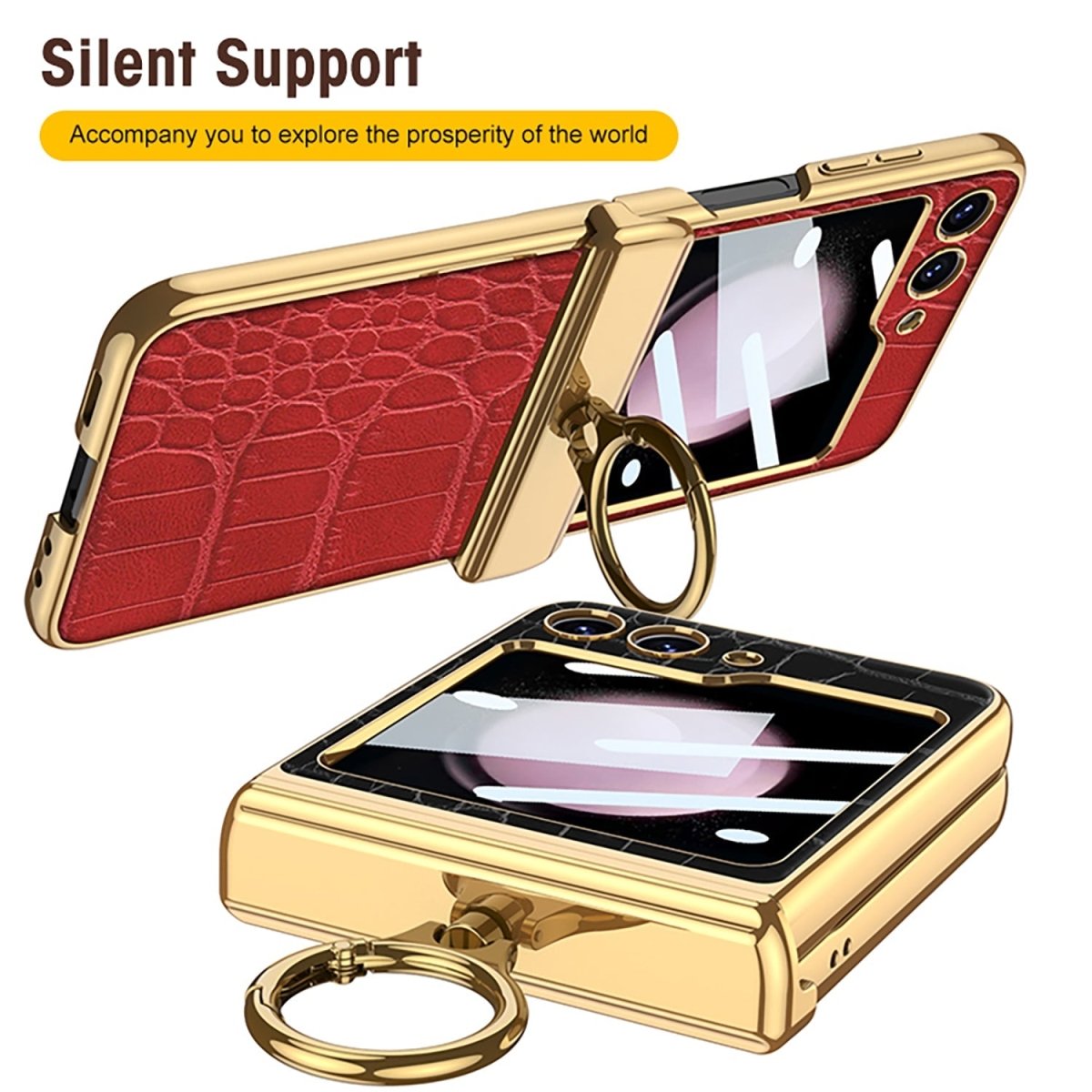 Electroplated Leather Magnetic Hinge Ring Holder Case For Galaxy Z Flip 7/6/5/4 With Front Protection Film