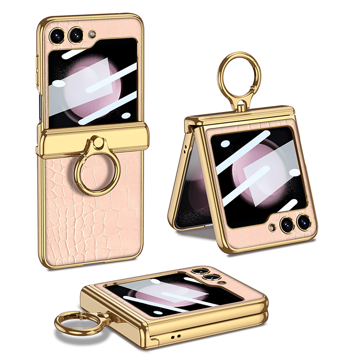 Electroplated Leather Magnetic Hinge Ring Holder Case For Galaxy Z Flip 7/6/5/4 With Front Protection Film
